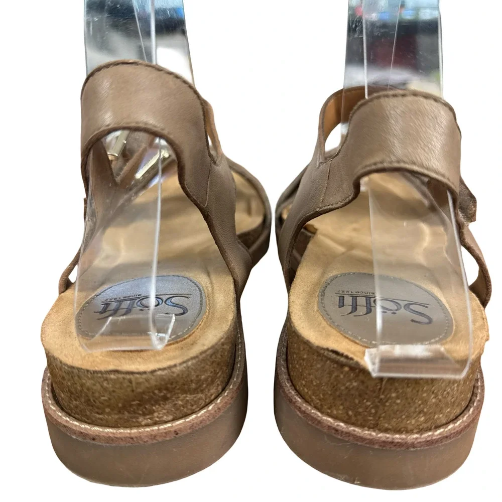 Sofft Leather Beige Gold Ankle Strap Sandals Low Wedge Open Toe Shoes sz 8 M